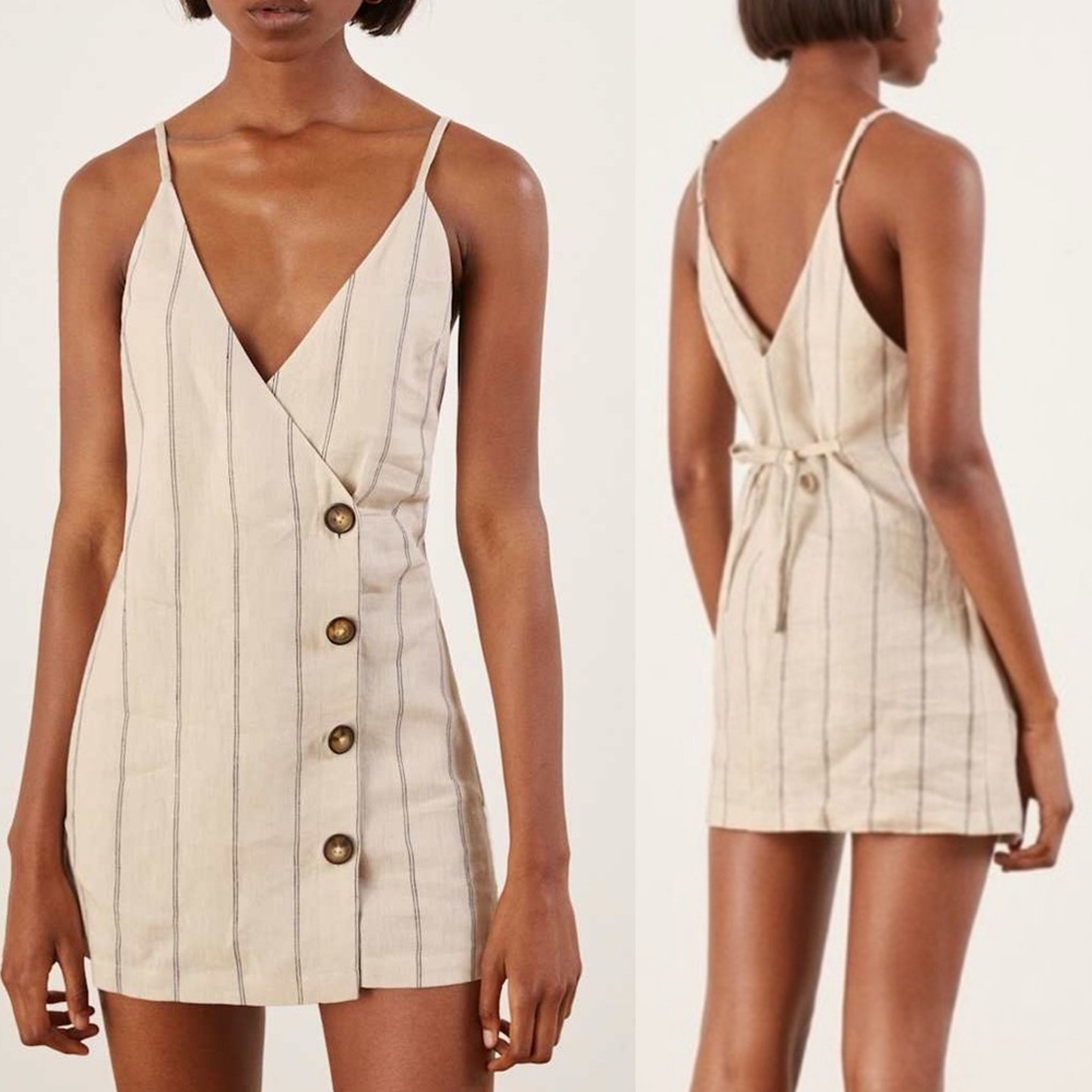 Reformation Cayman Linen Striped Button-Front Mini Dress Medium 100% Linen